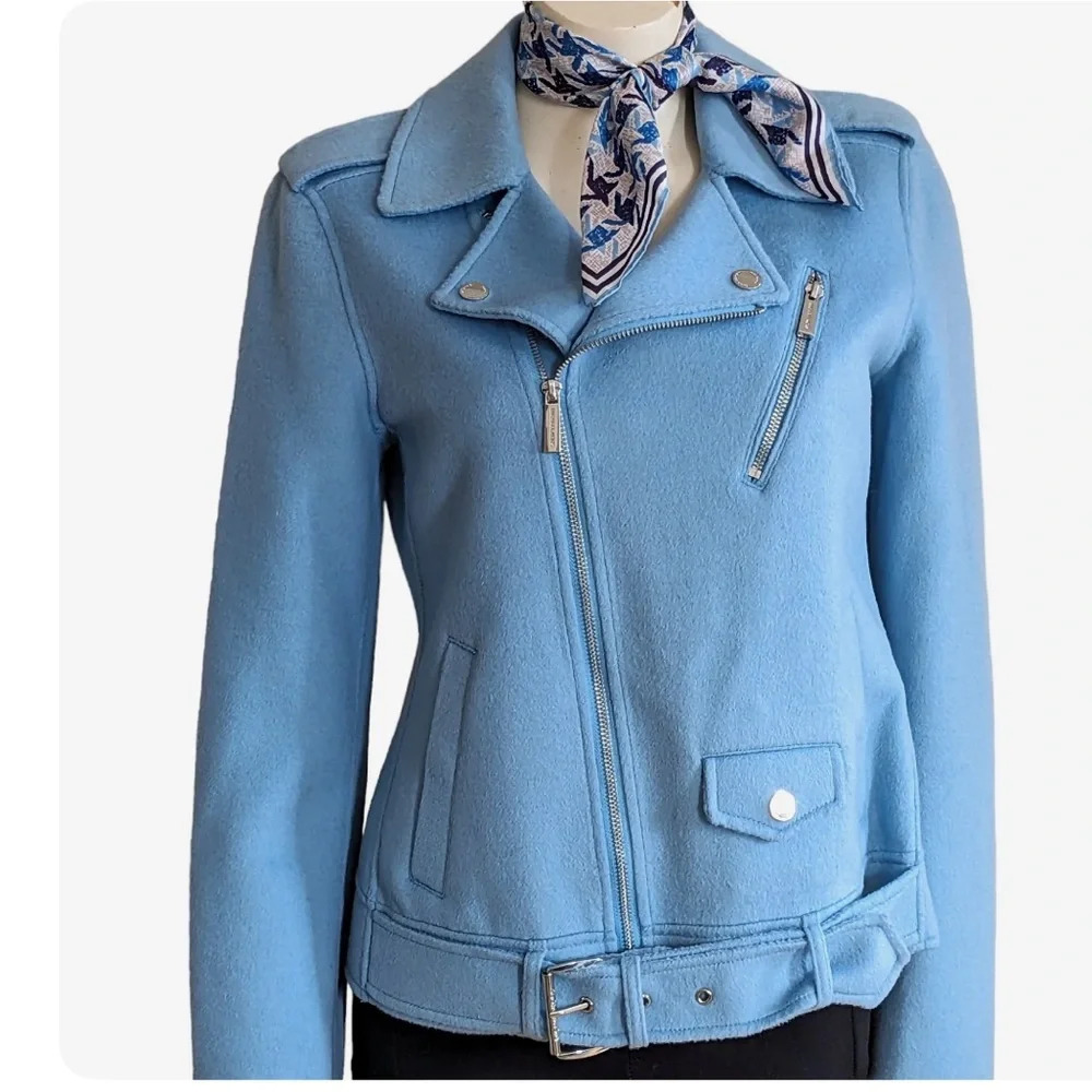 MICHAEL Michael Kors, Blue Wool Moto Jacket, Size Medium